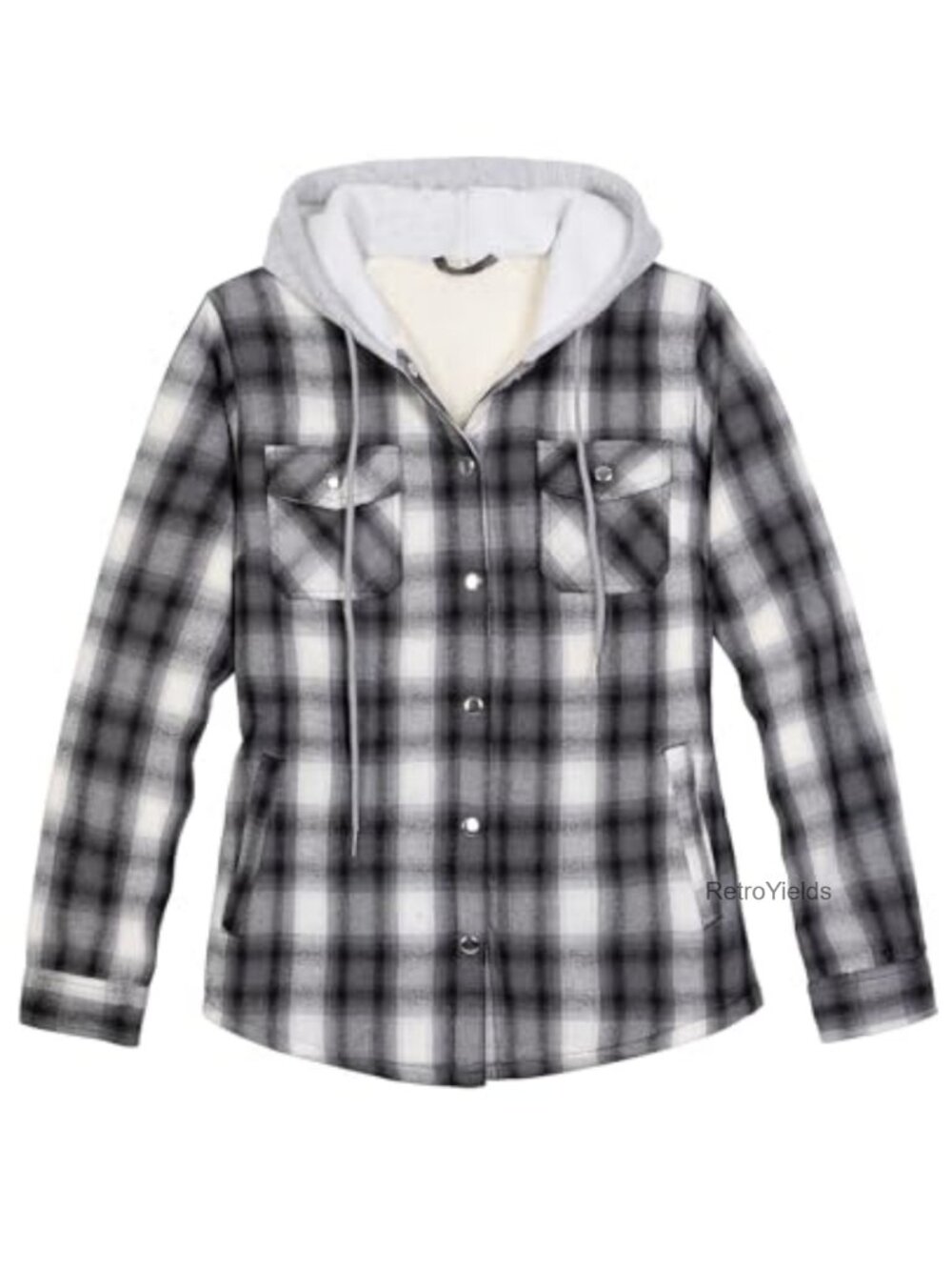 Sherpa Lined Hooded Flannel Shacket Snap Button Jacket